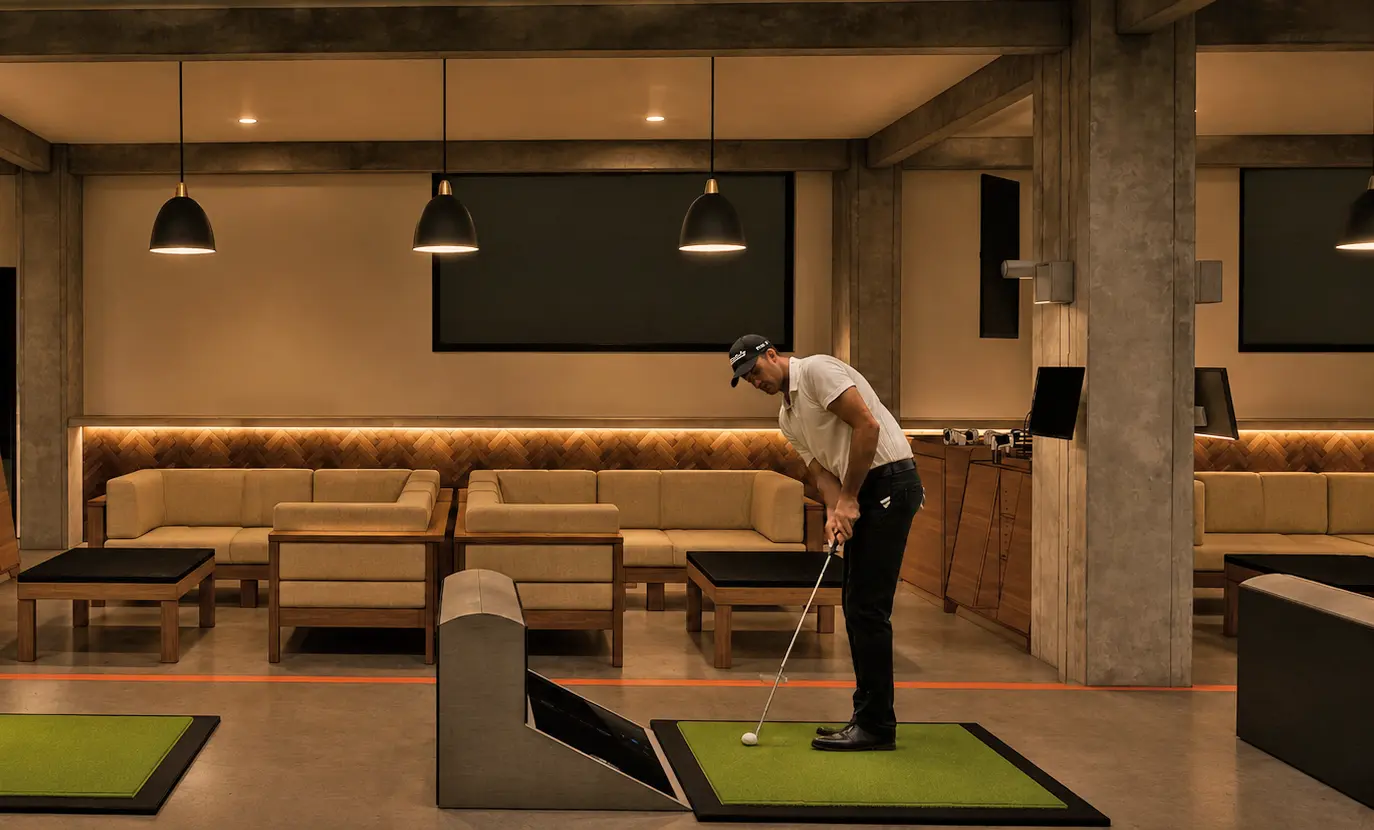Golfista en una bahía con sala y servicio